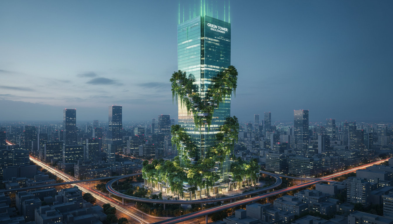 Sustainable cityscape at dusk with green tower